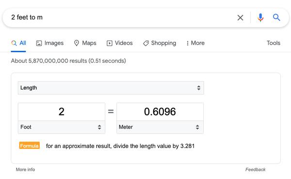 Hình ảnh mô tả kết quả khi tìm kiếm trực tiếp trên Google: '2 Feet to m'. Bởi vì Google chưa hỗ trợ tốt câu lệnh tiếng Việt, nên chúng ta phải sử dụng chữ 'to' trong tiếng Anh.